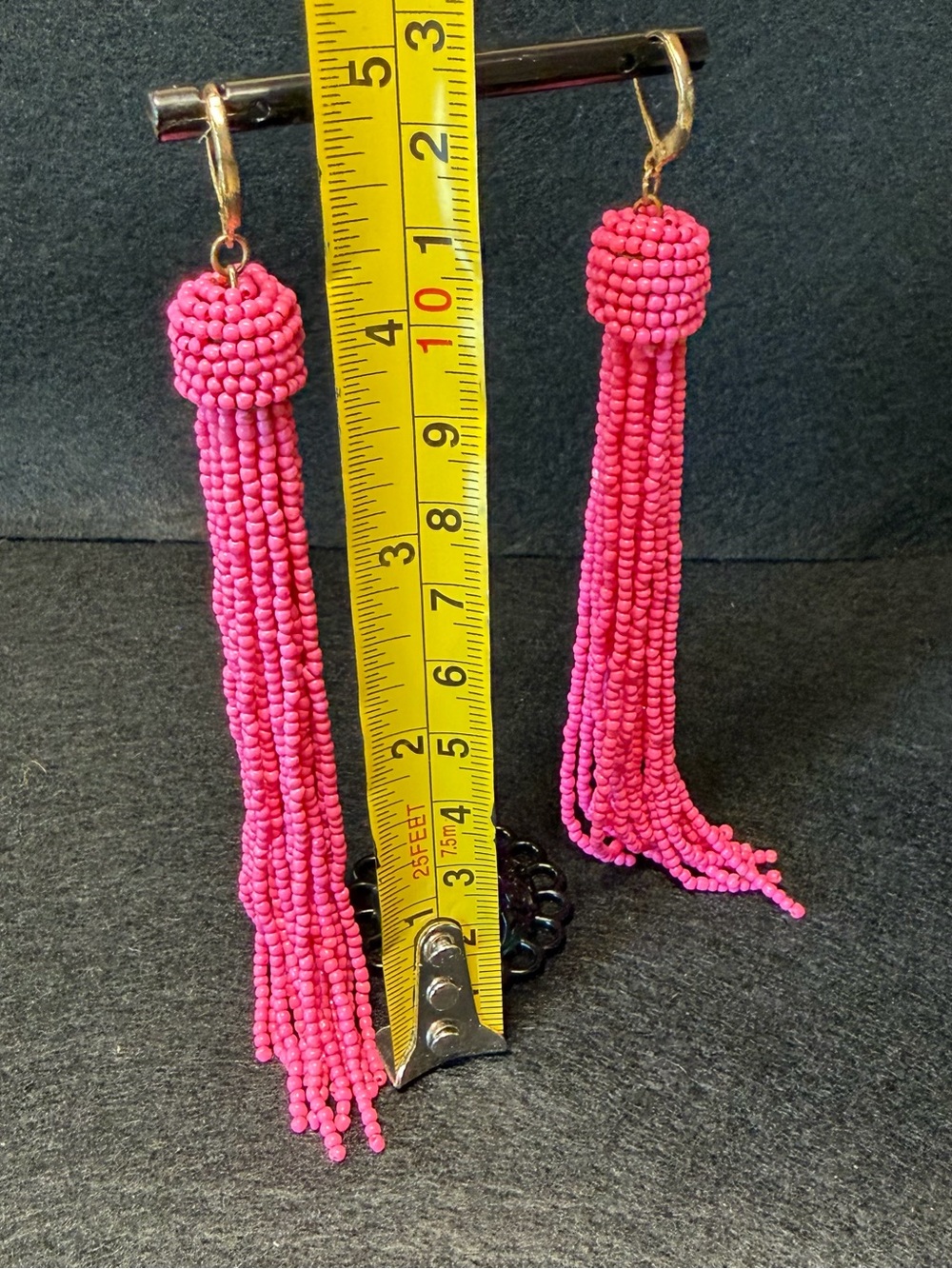 Artisan Made Fuchsia Hot Pink Beaded Tassel Earrings 5” Boho Statement Dangles - Picture 7 of 8